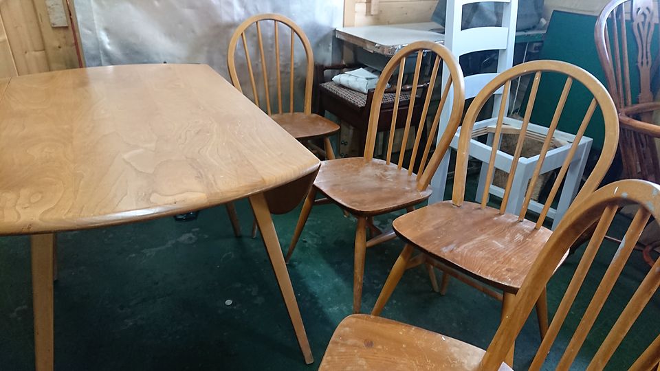 Drop-leaf table and hoop-back chairs with a worn, patchy finish, before restoration