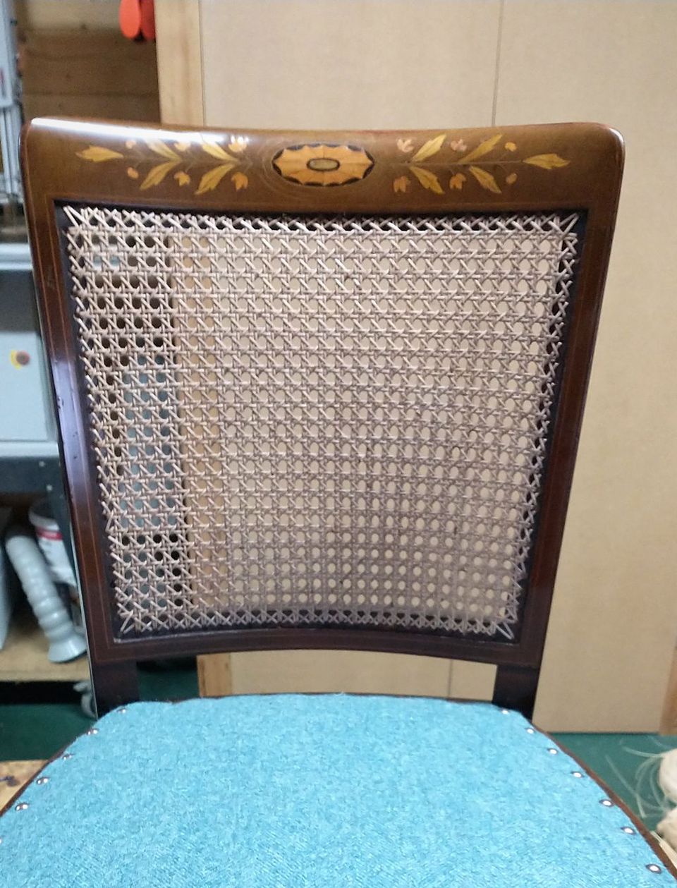 Inlaid bedroom chair with a new hand-woven cane back panel